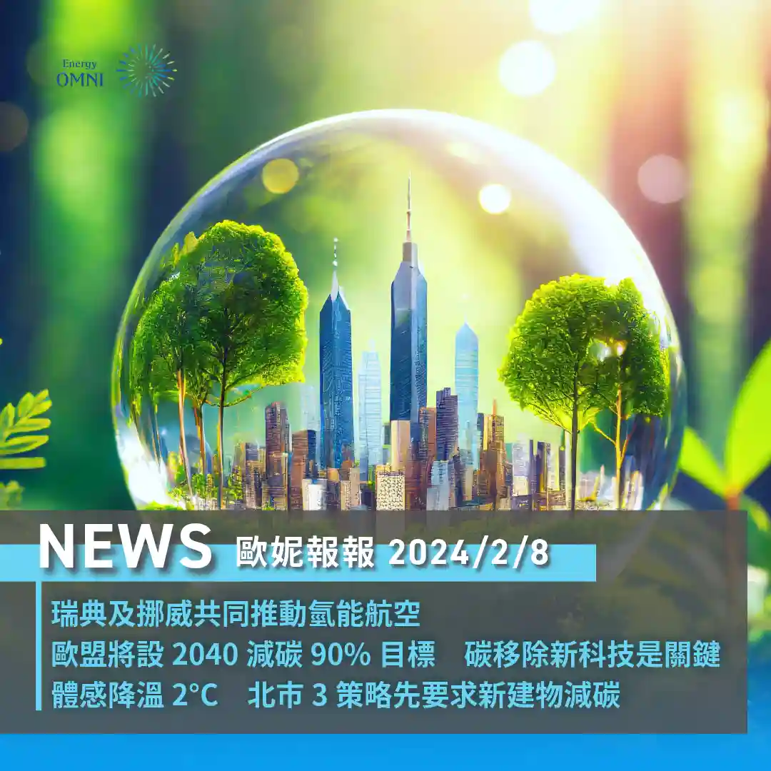 歐妮報報｜瑞典及挪威共同推動氫能航空．歐盟將設 2040 減碳 90%目標 碳移除新科技是關鍵．北市 3 大策略要求新建物減碳